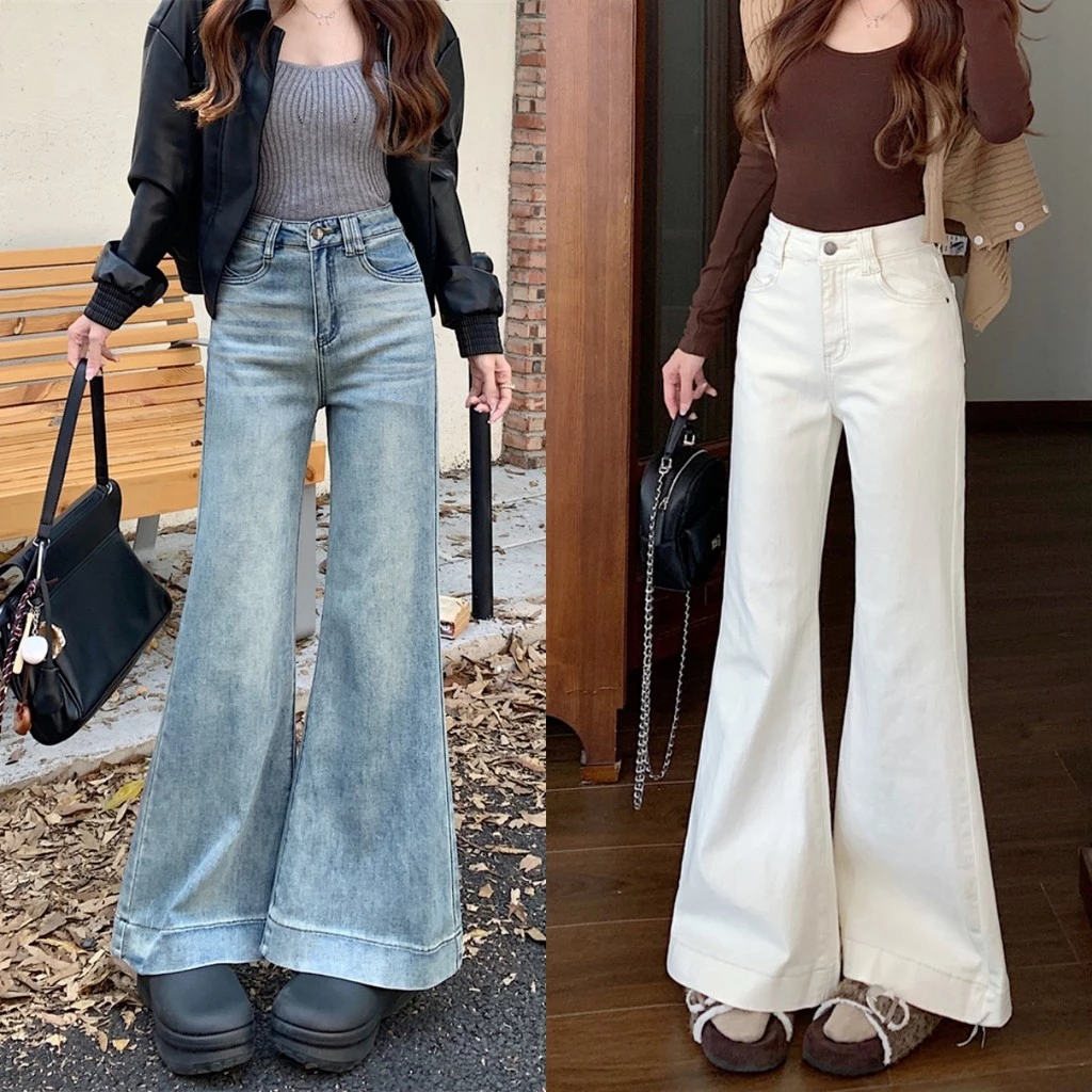 Bella shop กางเกงยีนส์ขากว้าง กางเกงยีนส์เอวสูง แมทง่าย ใส่ได้ทุกลุค เนื้อผ้าดีระบายอากาศ วินเทจ คุณภาพสูง