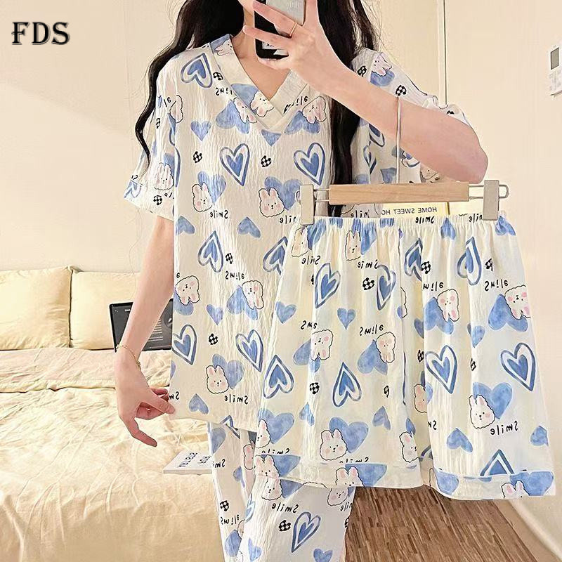 FDS ฤดูร้อน V คอ Cloud ชุดนอนผ้าฝ้ายสาวแขนสั้นการ์ตูนสามชิ้น Loungewear