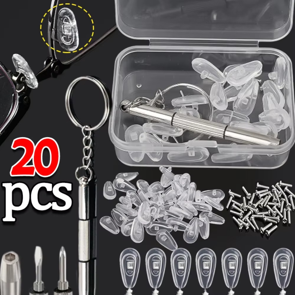 ชุดซ่อมแว่นตามืออาชีพพร้อมแผ่นรองจมูกและสกรู 20 ชิ้น, ไขควงสแตนเลสสําหรับแว่นตา/แว่นกันแดด, เคสใสแบบพกพา
