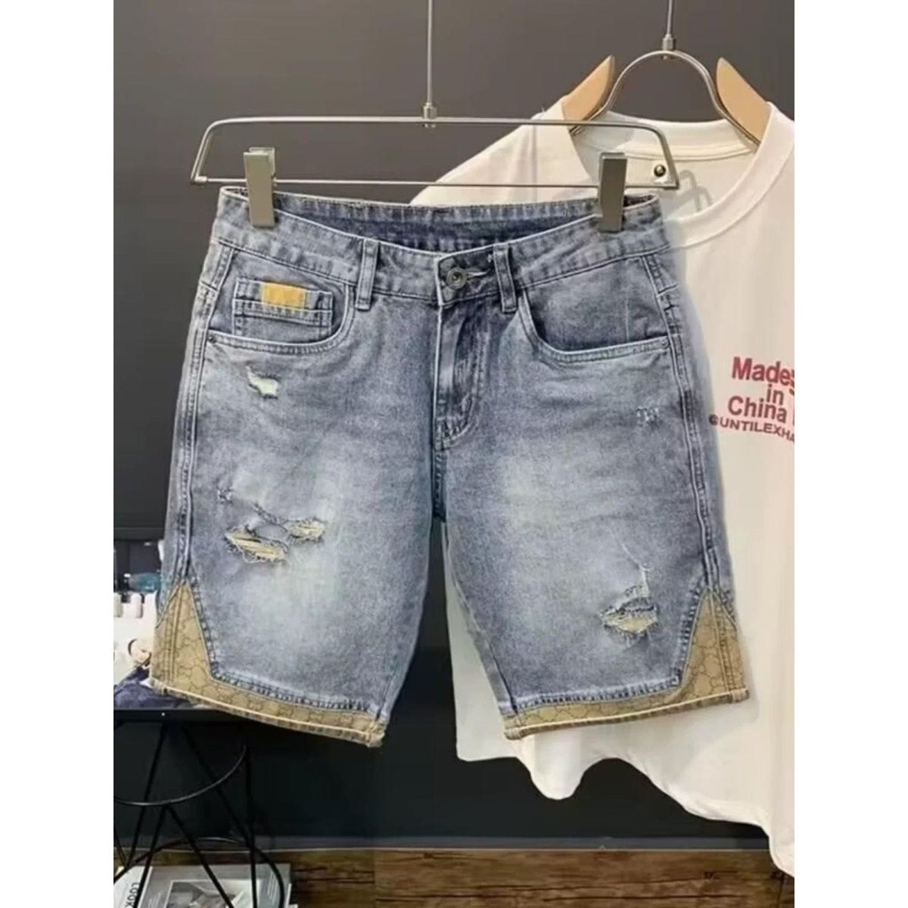 High-End Street Wear American Ripped Denim Shorts ฤดูร้อนสไตล์ใหม่ผู้ชายหลวม Ruffian ยีนส์ห้าจุดสำหรับผู้ชาย [พร้อม
