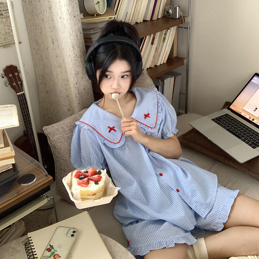 ชุดนอนแขนสก๊อตตุ๊กตาสำหรับ 여자 summersweet puff สไตล์ casual กะทัดรัด พร้อมคอกลมและแขนสั้น สวมใส่ได้นอกบ้าน