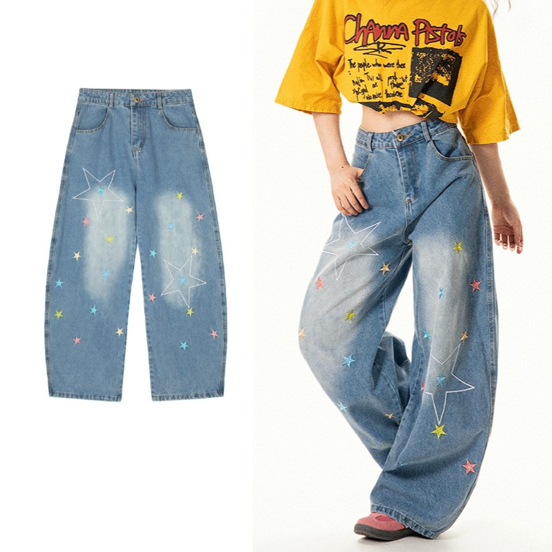 SUIKONE ซุยโคเนะ อเมริกันย้อนยุคเย็บปักถักร้อยหลวมขากว้างทุกข์กางเกงยีนส์สําหรับฤดูร้อนผู้ชายและผู้หญิง