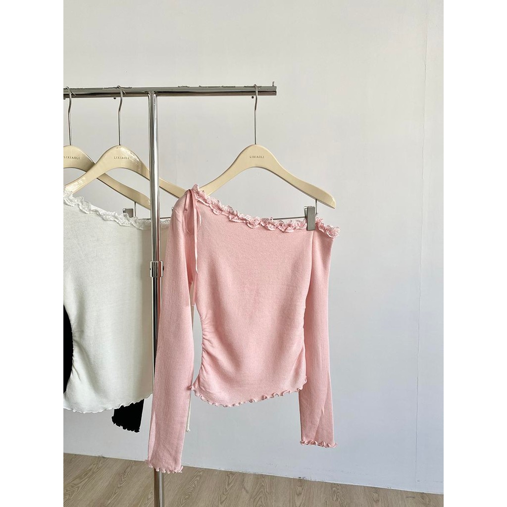 Mimi&Didi เสื้อเปิดไหล่แขนยาวไหมพรม เสื้อยืดถักลูกไม้เปิดไหล่สีชมพูสำหรับผู้หญิง ทันสมัยและสวยงาม ใส่เดี่ยวๆH060 - รูปที่ 6