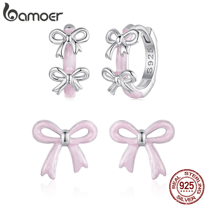 BAMOER บามอส 925เงินสเตอร์ลิงต่างหูโบว์สีชมพูศิลปะการออกแบบป้องกันอาการแพ้แฟชั่นเครื่องประดับผู้หญิงของขวัญ