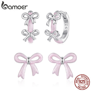 BAMOER บามอส 925เงินสเตอร์ลิงต่างหูโบว์สีชมพูศิลปะการออกแบบป…