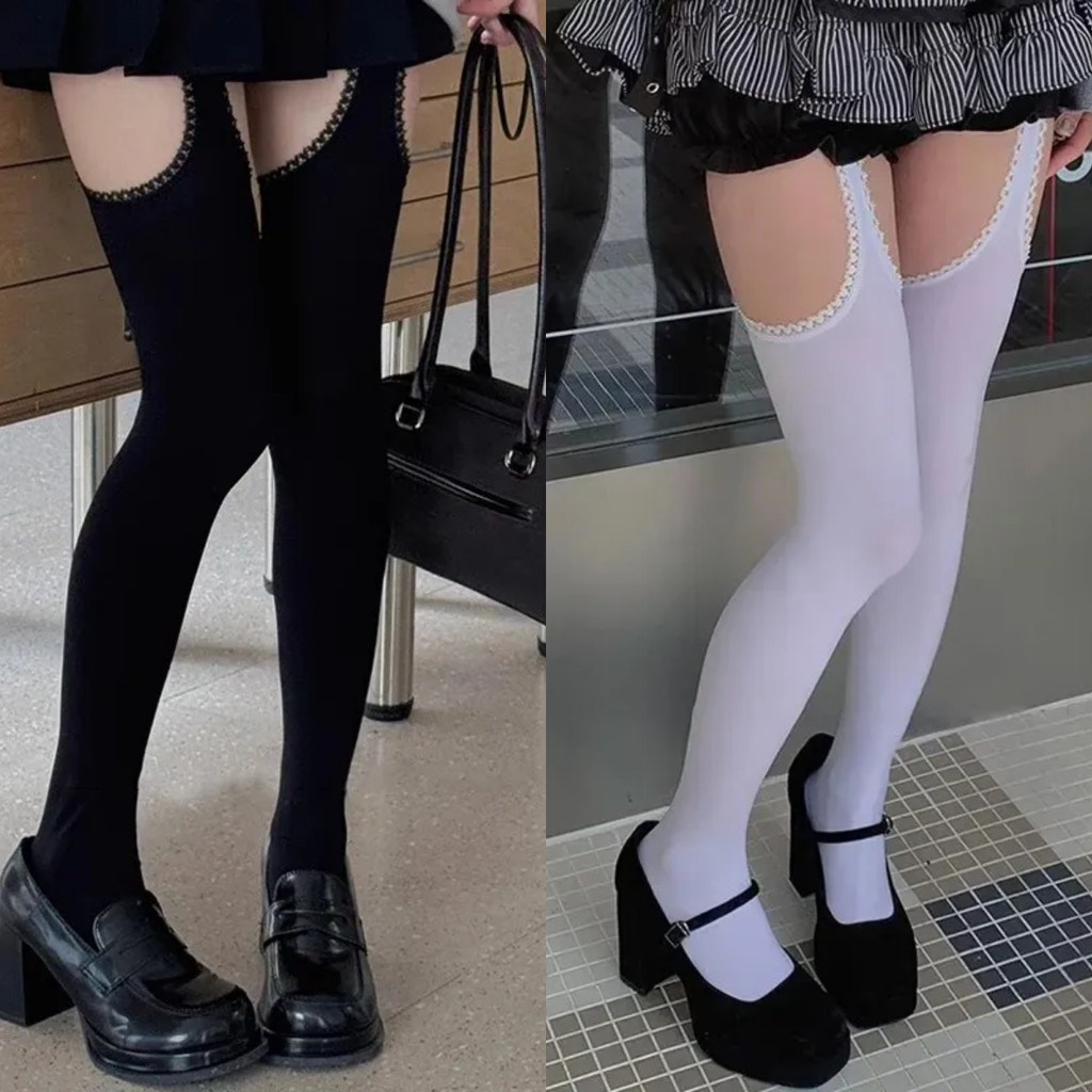 ผู้หญิงสีดําเซ็กซี่ Garter ถุงน่องกํามะหยี่ด้านข้าง Hollow Pantyhose JK Hottie Lolita ลูกไม้กางเกงขายาว