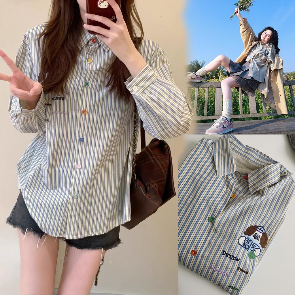 Mimi&Didi เสื้อเชิ้ตลายทางตัดกันสำหรับผู้หญิง ลายการ์ตูน แขนยาว น่ารัก สไตล์อเมริกัน หลวม เสื้อคลุมยาวปานกลางW584