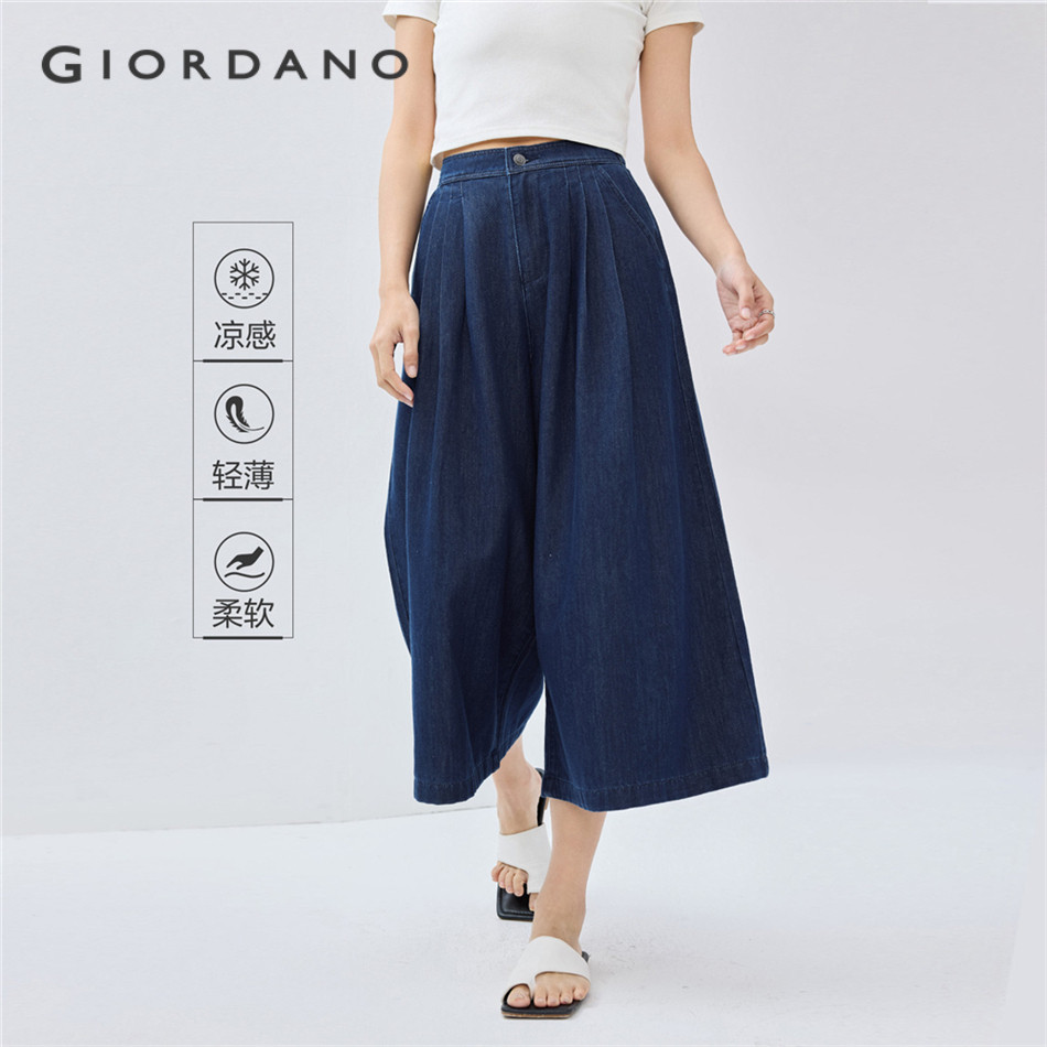 GIORDANO WOMEN Half elastic waist wide leg denim cropped pants 13425207