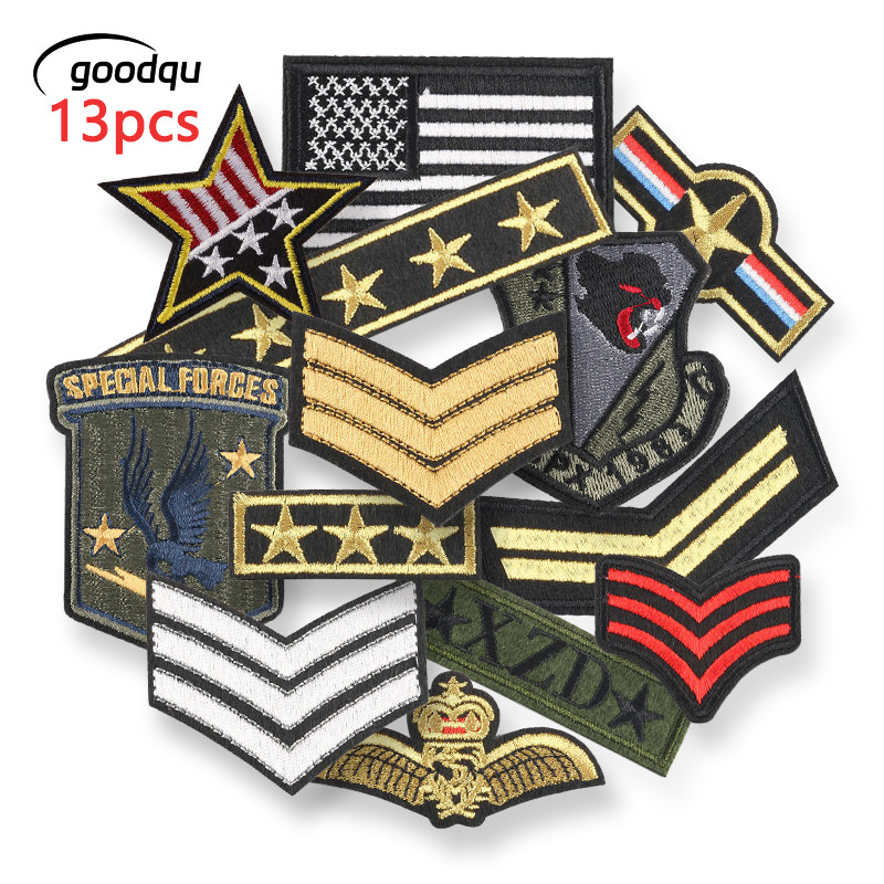 13pcs Badge Patch เหล็กสําหรับเสื้อผ้า Epaulet ปักแจ็คเก็ตสติกเกอร์เย็บแพ็ค Diy ผ้า Lot ความร้อนกาว Mochila