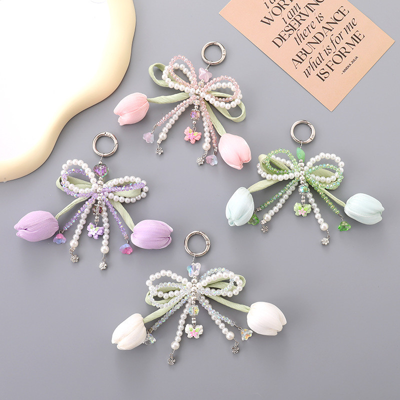 ใหม่ INS ทิวลิปดอกไม้พวงกุญแจกระเป๋าจี้ Charms Pearl Key แหวนเคสโทรศัพท์โซ่ของขวัญอุปกรณ์เสริม