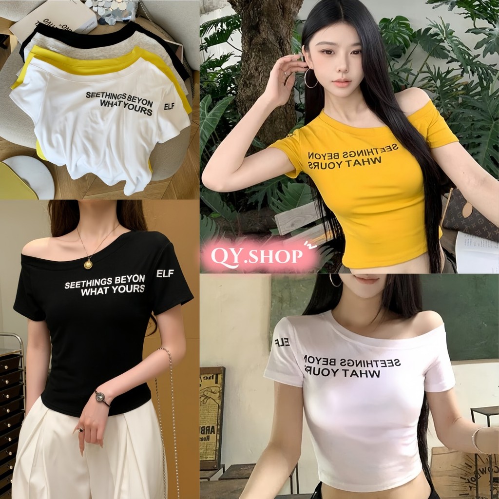 QY.Shop⭐️เสื้อยืดเปิดไหล่ เซ็กซี่ใสๆ สไตล์เกาหลี พิมพ์ลาย เข้ารูป เน้นหุ่นผอม เสื้อสั้นแฟชั่น "FY8703"