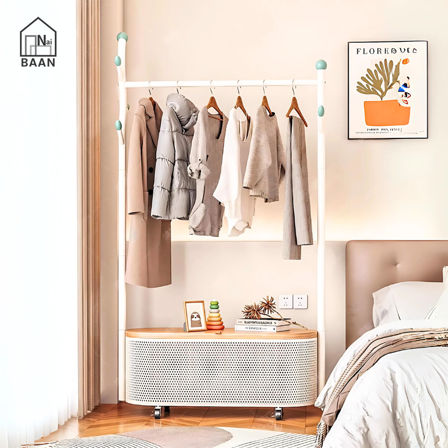 NaibaanD ราวแขวนผ้า ขนาด 100/80/60 ซม. รับน้ำหนักได้ถึง 15 กก. มี ล้อ ตะกร้าเก็บของ ฟ้าปิด วางของได้