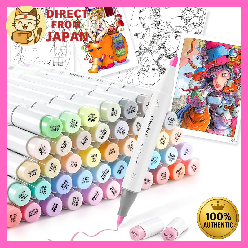 Ohuhu 48-Color Brush Marker Set with Blender Pen - Professional Quality Pastel Illustration Markers 