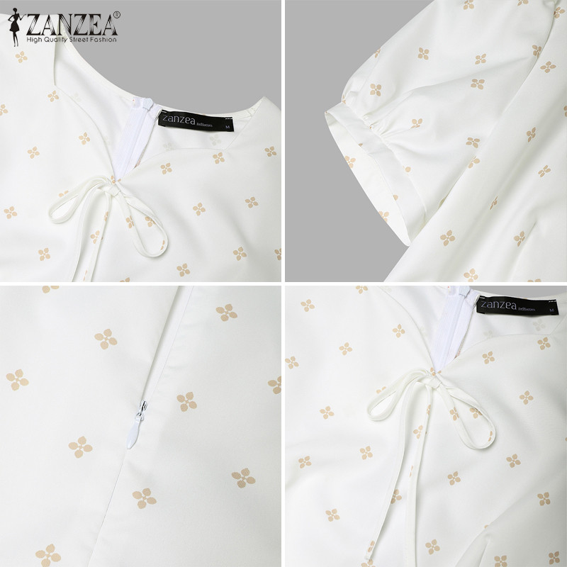 ZANZEA ใส่ ซานเซีย ผู้หญิงเกาหลีสง่างามหัวใจคอแขนสั้นพัฟแขนดอกไม้เอวซิปชุด - รูปที่ 6