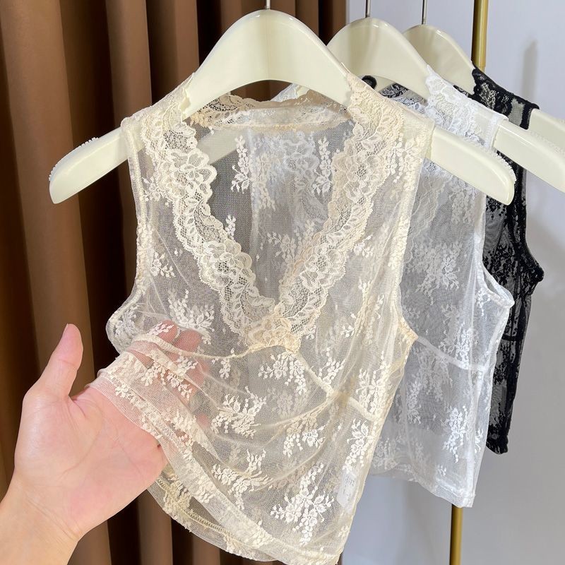 ชุดเสื้อสเวตเตอร์ชั้นในลูกไม้สำหรับผู้หญิง คอวีลึก เสื้อชั้นในตาข่าย คอปลอม