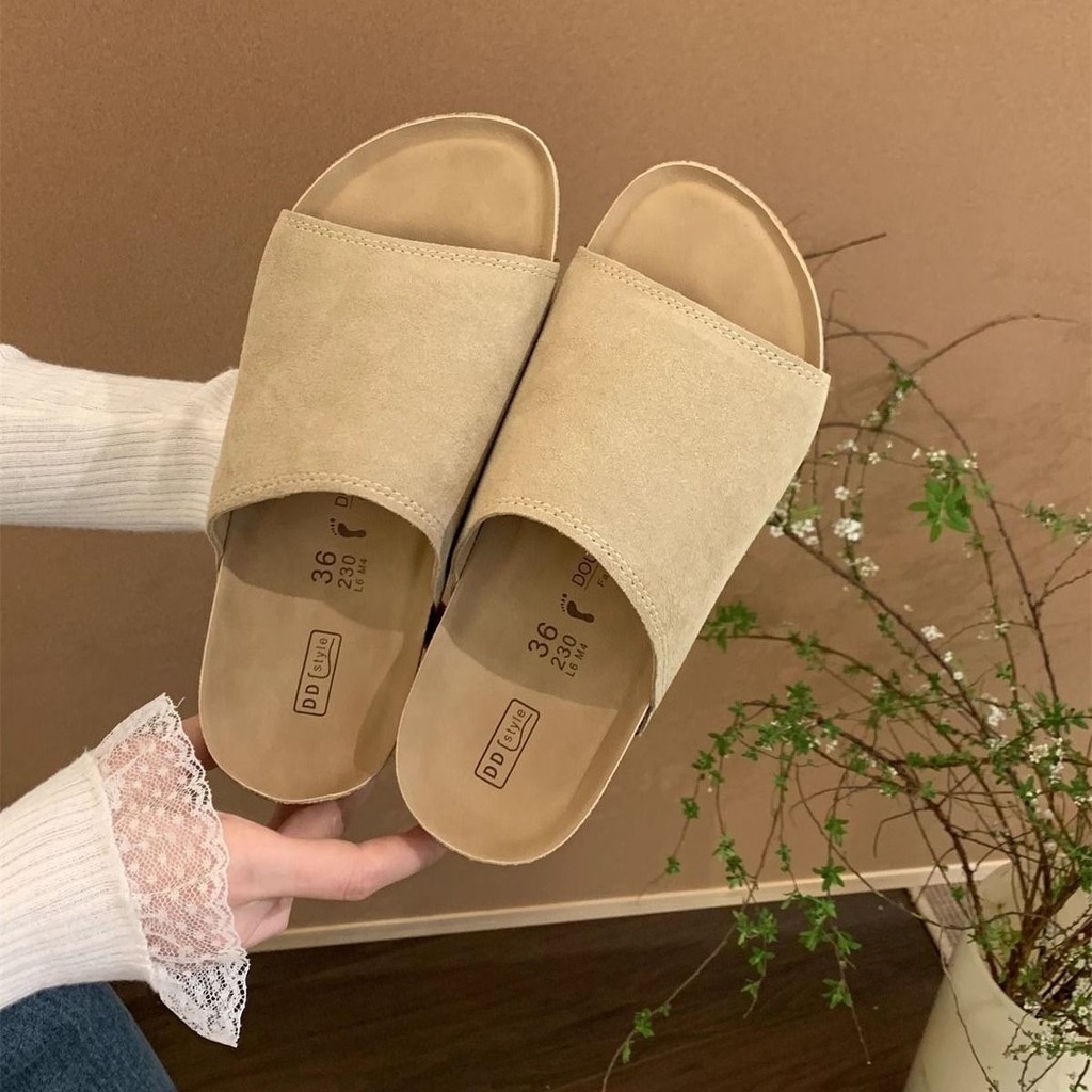 D0603 หนังแกะรุ่นสบาย Anti-Slip ขี้เกียจรองเท้าเกาหลีรุ่นแฟชั่นหนา Soled ความสูง Baotou ครึ่งรองเท้า