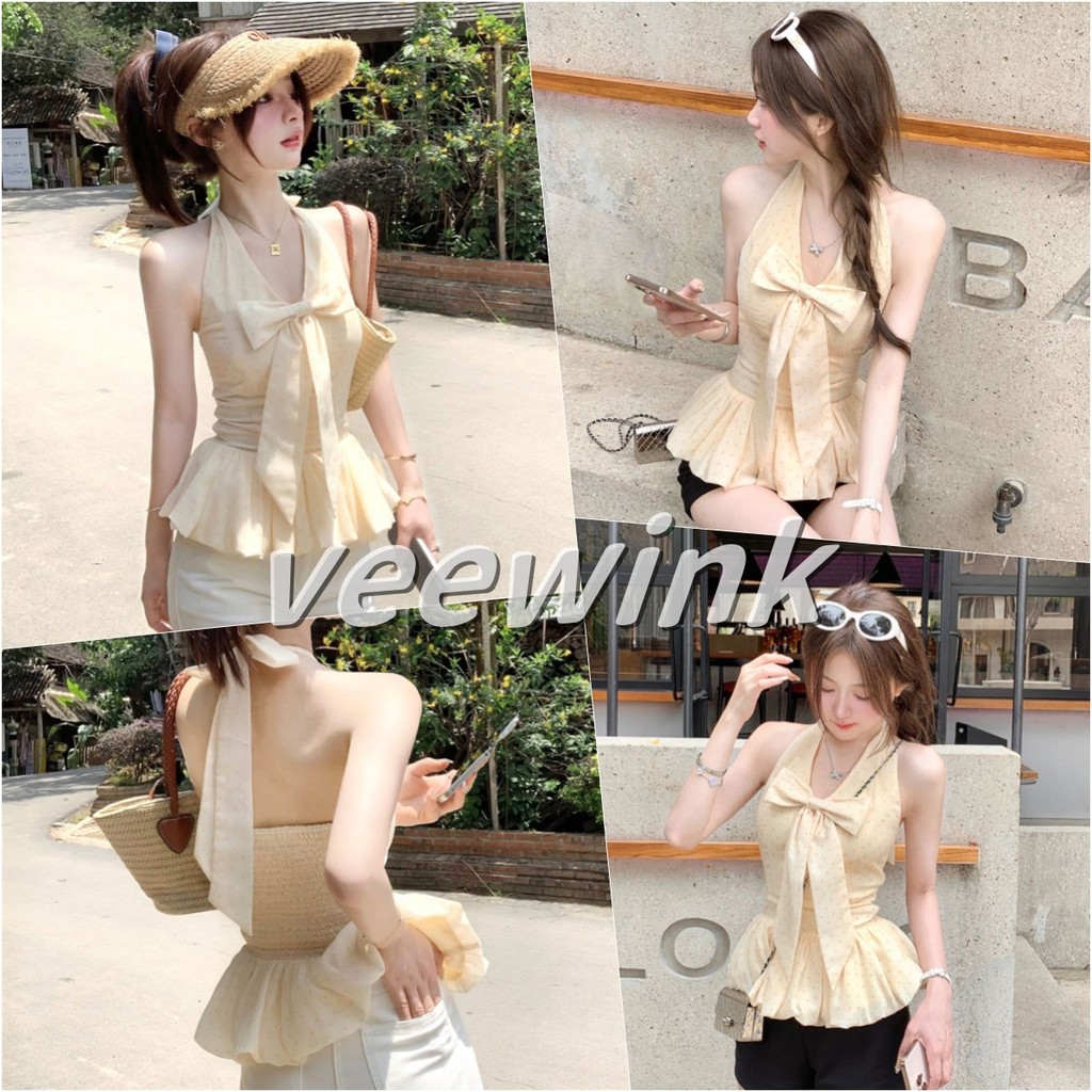 Veewink พร้อมส่งจากกทม เสื้อคล้องคอสี Classic เสื้อลําลองเสื้อจีบผูกเชือกธรรมดาสําหรับผู้หญิง สวย น่ารัก ใส่แล้วหุ่นสวย