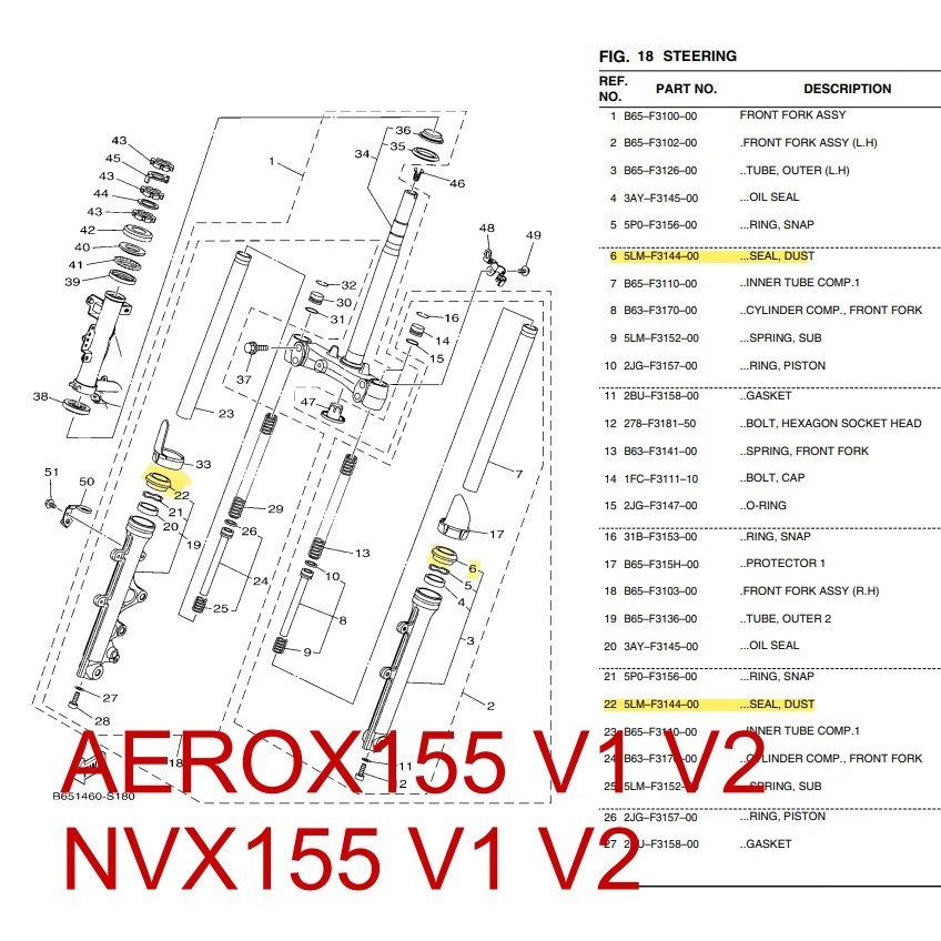 100% อะไหล่ YAMAHA FORK SEAL DUST 5LL-F3144-00 NVX155 V1&V2 / NVX / Y16 / Y15 / LC135 [ 1PCS ]