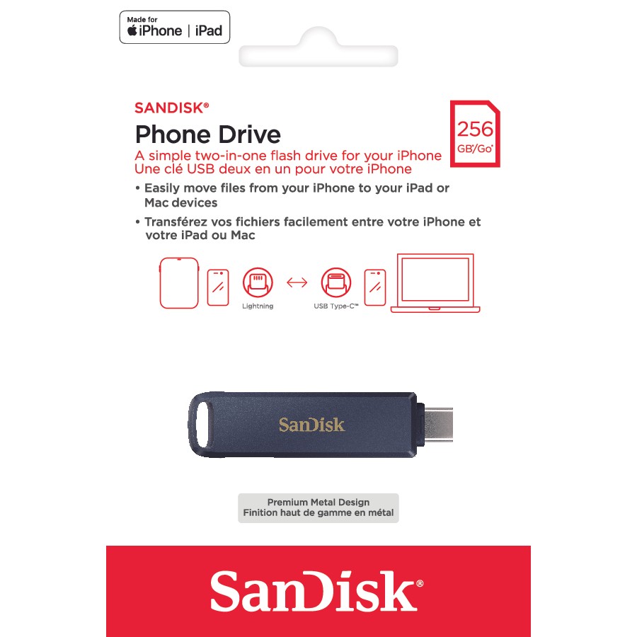 SANDISK แฟลชไดร์ฟ OTG PhoneDrive 256GB flashdrive Lightning and Type C USB3.2 Gen1 โทรศัพท์ notebook