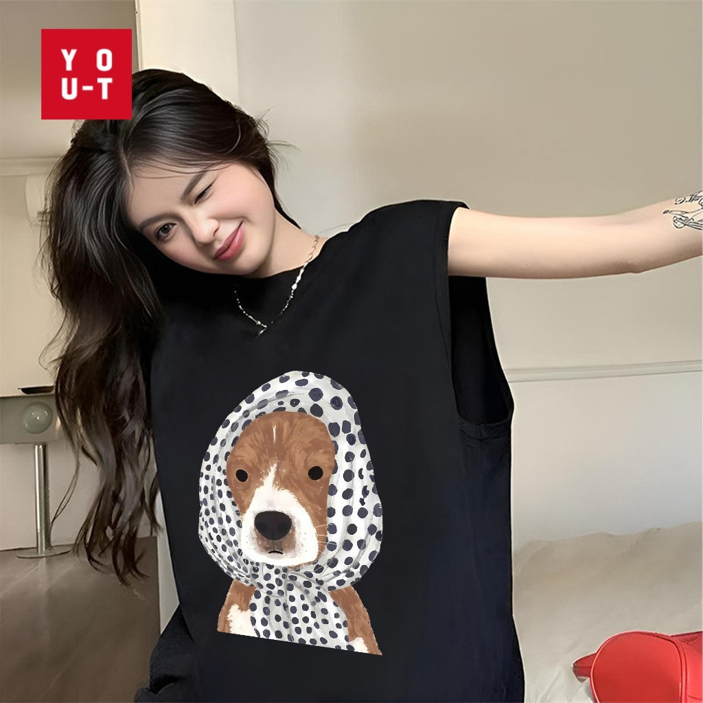 Y-T🌷เสื้อแขนกุด ผ้าเนื้อนุ่ม ยูนิเซ็กส์ ผ้าฝ้าย100% เสื้อกั๊กแขนกุดผู้หญิง ลายพิมพ์ "สุนัขมีฮู้ด" ไม่ต้องรีดผ้า 4XL🌺