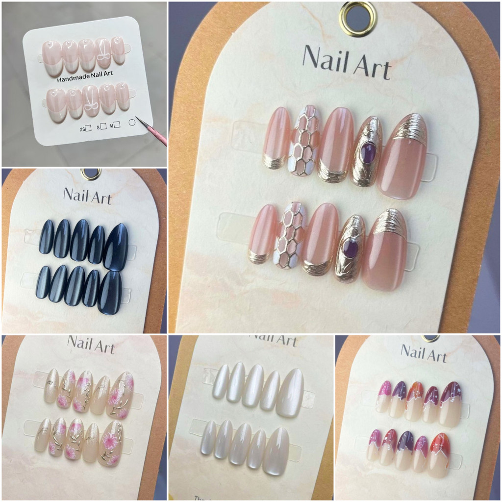 10 ชิ้น XS/S/M กดบนเล็บเล็บเล็บเทียมรูปอัลมอนด์สั้นพร้อมชุดกาว