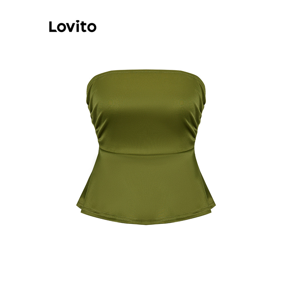 (Trendy) Lovito เสื้อกล้ามหรูหราผ้ามันวาวธรรมดาเสื้อฤดูใบไม้ผลิ/ฤดูร้อนสําหรับผู้หญิง L99ED980