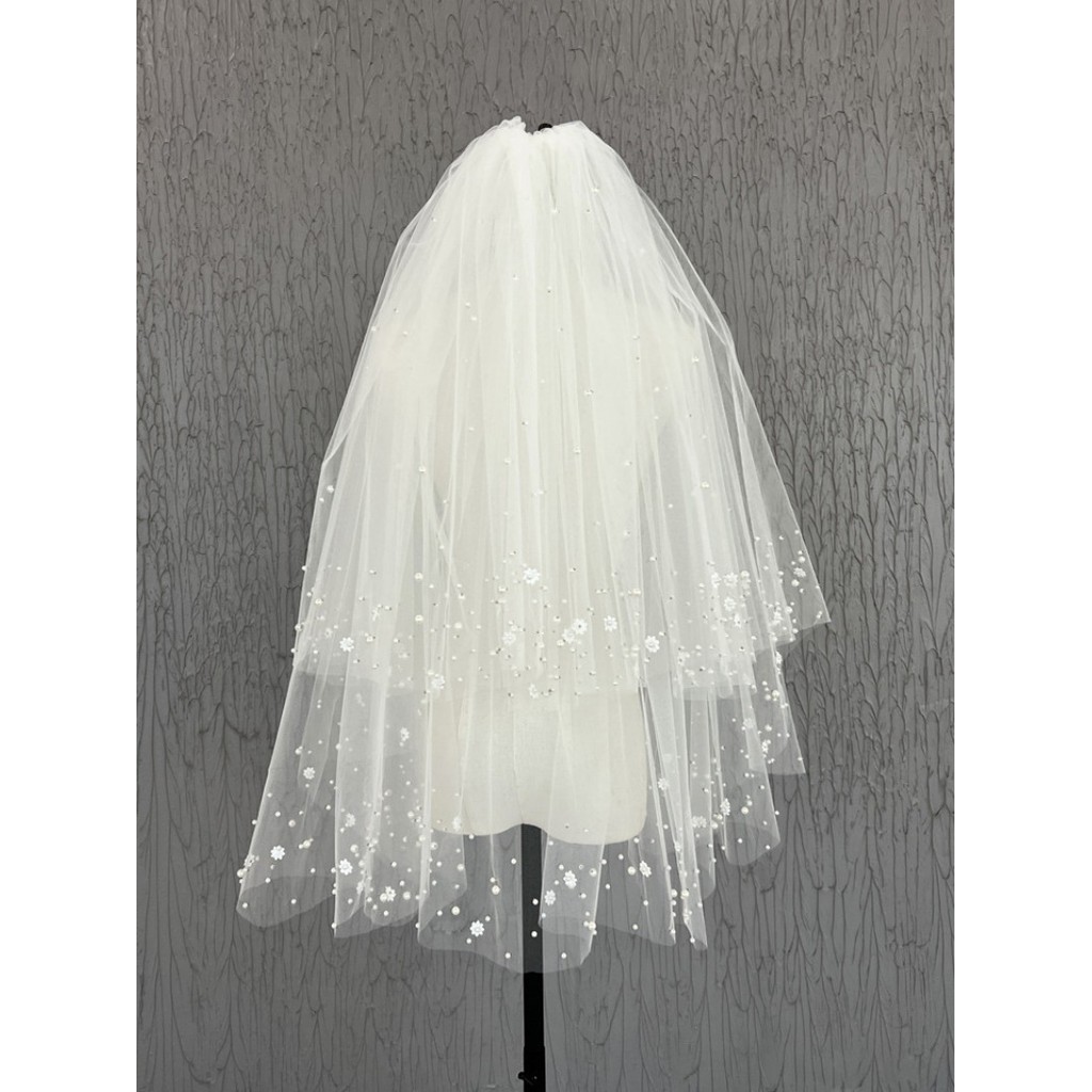 สตูดิโอภาพแต่งงานเจ้าสาว Double Florets Beaded Veil, Premium Veil