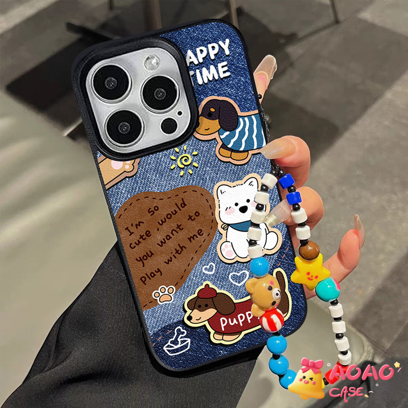 เคสไอโฟน11 16 สำหรับ iPhone 15 13 11 16 12 14 Pro Max 7Plus XR 15 8 7 14 Plus XS X Max สร้อยข้อมือลูกสุนัขการ์ตูนน่ารัก