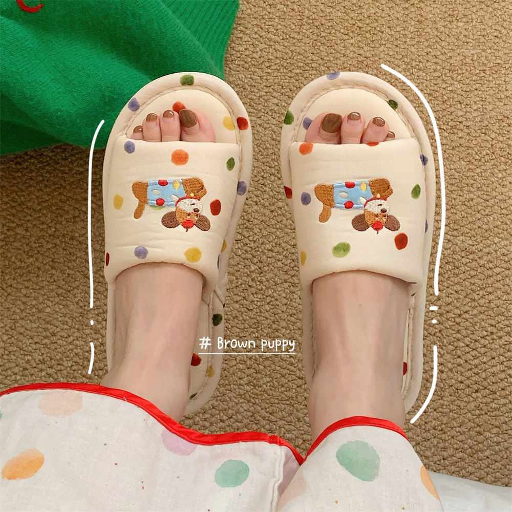 XIXITIAO รองเท้าแตะผ้าลินินญี่ปุ่น Polka Dot Four Seasons Universal Home ผ้าฝ้ายลินินรองเท้าชั้นผู้หญิง