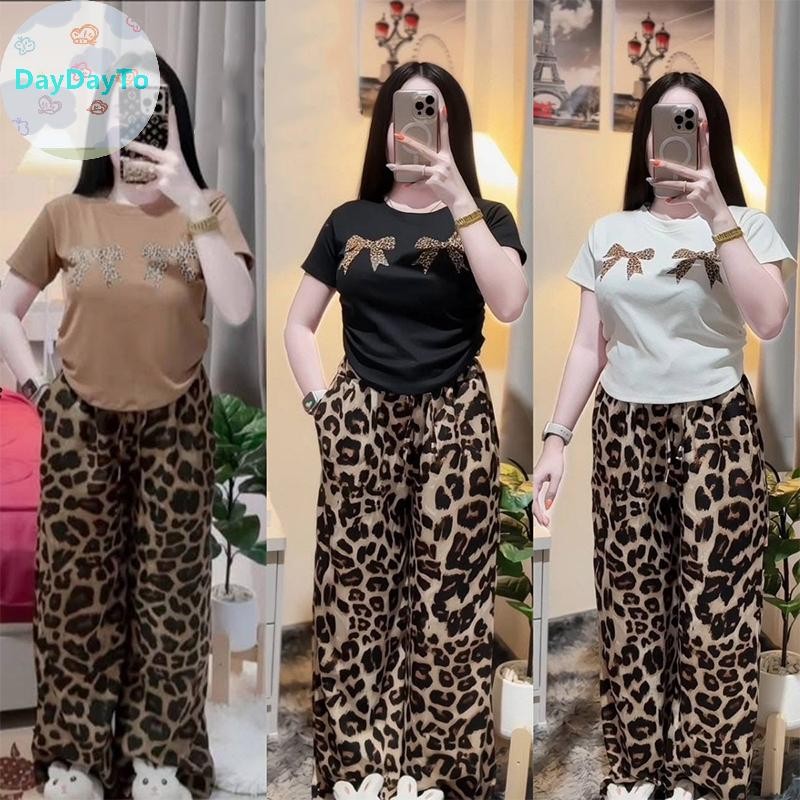 วันเดย์ทู เสื้อยืดแขนสั้นพิมพ์ลายเสือดาวฤดูร้อนของผู้หญิงสองชิ้นกางเกงขากว้างชุดลําลอง ไทย