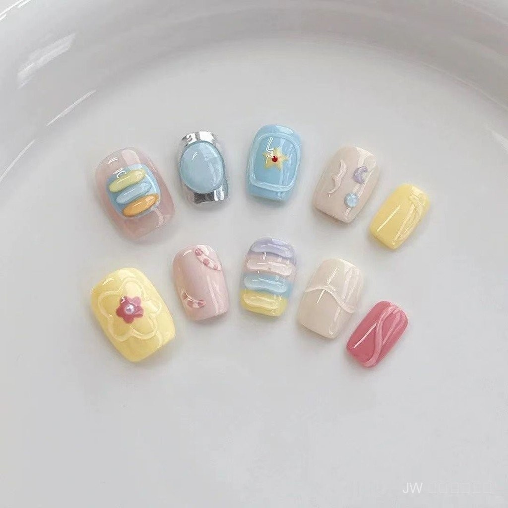 JW ส่งฟรี เล็บปลอมทำมือแท้100% ✨ สีลูกอมน่ารัก แบบสั้นเก๋ไก๋ สไตล์ ใส่แล้วดูแพงแถมฟรี! กาว+ตะไบ