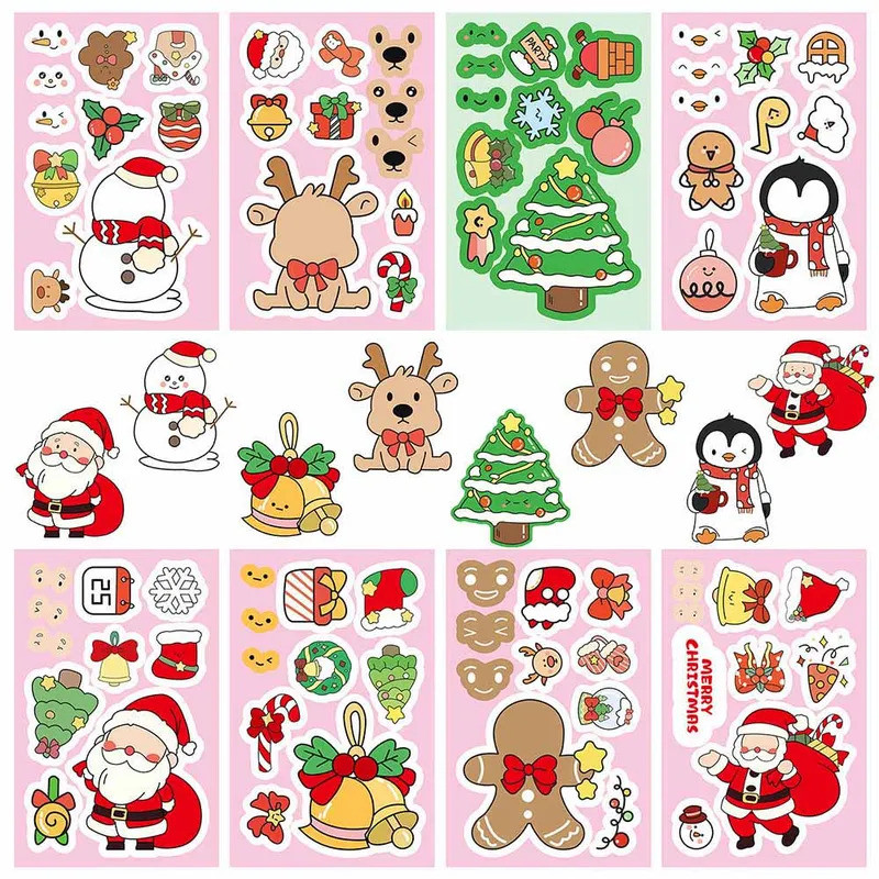 8/16sheets Christmas Cartoon DIY Puzzle Stickers Cute Santa Claus Make a Face Game Decals Children F