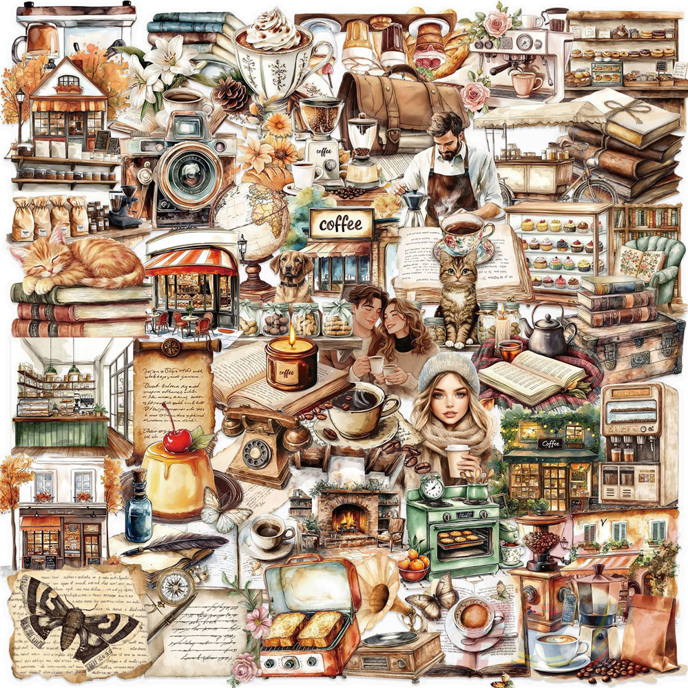❉ Retro Coffee Cafe Series 01 สติ๊กเกอร์ PET ❉ 50 ชิ้น/เซ็ตกันน้ําแฟชั่น DIY Doodle Decals สติ๊กเกอร์