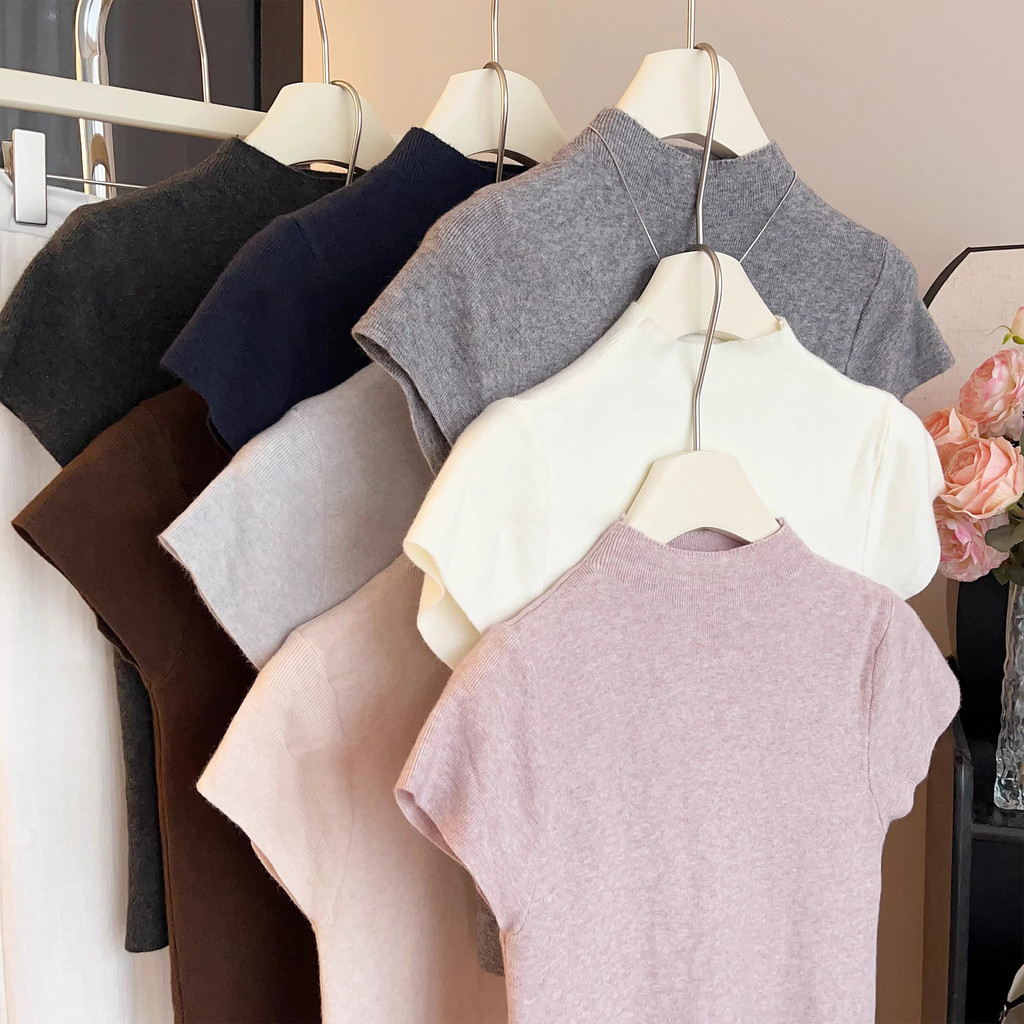 GAKKI เสื้อยืดคอสูงแขนสั้นผู้หญิง เสื้อสเวตเตอร์ผู้หญิง รุ่นใหม่ ฟรีไซส์ รุ่น 3220#