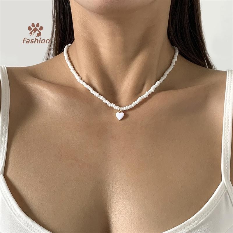[แฟชั่น] Bohemian Chic womens handcrafted seed bead heart pendant necklace - pearl white accessories