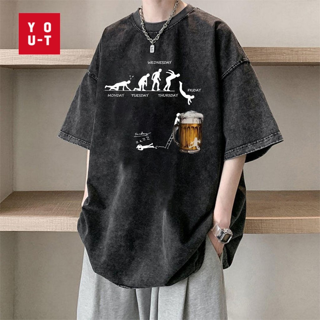 Y-T🖤เสื้อยืดไซส์ใหญ่ สวมใส่สบาย เสื้อยืดฟอก สตรีทสไตล์ แฟชั่น คอกลม ไม่มีริ้วรอย ผ้าฝ้าย100% ไม่หดตัว S-4XL