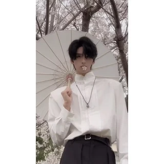 🖤Stand Collar Pleated Shirt เสื้อเชิ้ตผู้ชายคอจีนพับร่อง ผ้าคอตตอน100% แขนยาวสไตล์เรียบหรู มี2สี ดำ/ขาว Size M-3XL
