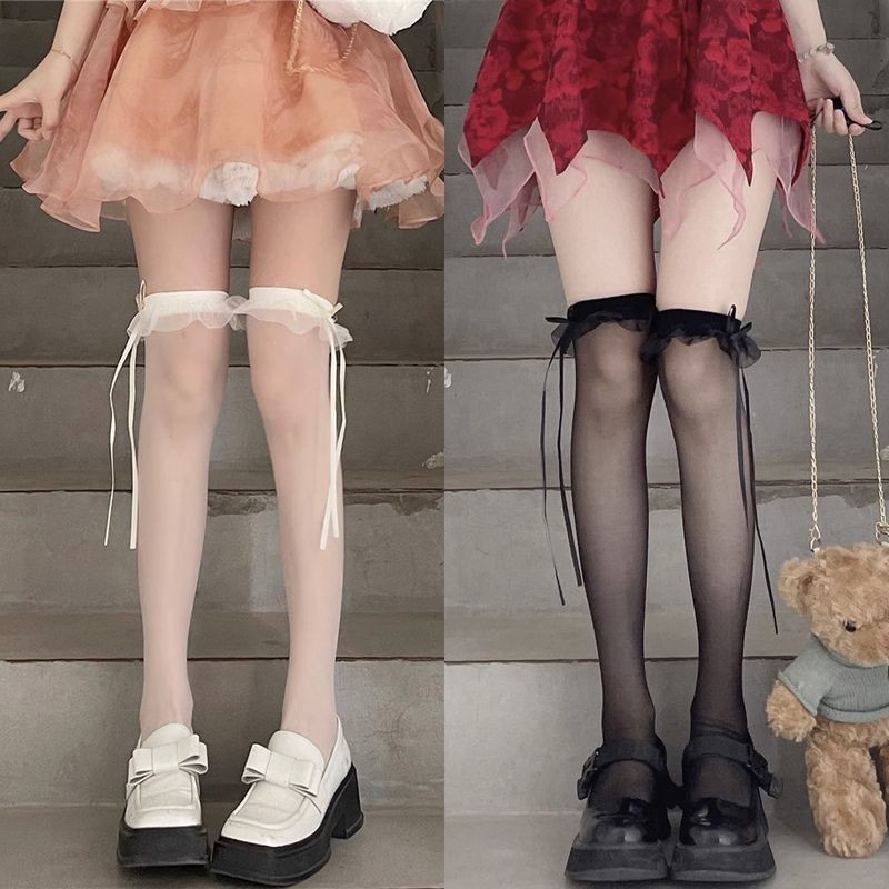 ถุงน่องสูงสำหรับผู้หญิงสไตล์JK ลายลูกไม้ ยืดหยุ่น สไตล์Harajuku ใส่เกินเข่า