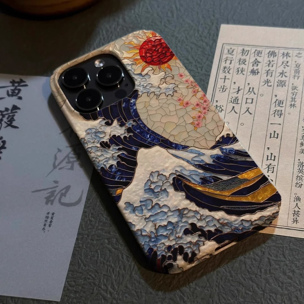 เคสโทรศัพท์ลายคลื่นวินเทจที่สวยงาม เข้ากันได้กับ iPhone 16/15/14 Plus XR XS Max 16 Pro Max 15 Pro Max เคสแข็ง 16 15 14 13 12 11 Pro ป้องกันและทนทาน