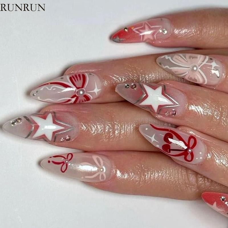 RUN 24 ชิ้น Elegant Press On Nail Featuring Bows และ Star รูปแบบสําหรับลุคมีสไตล์