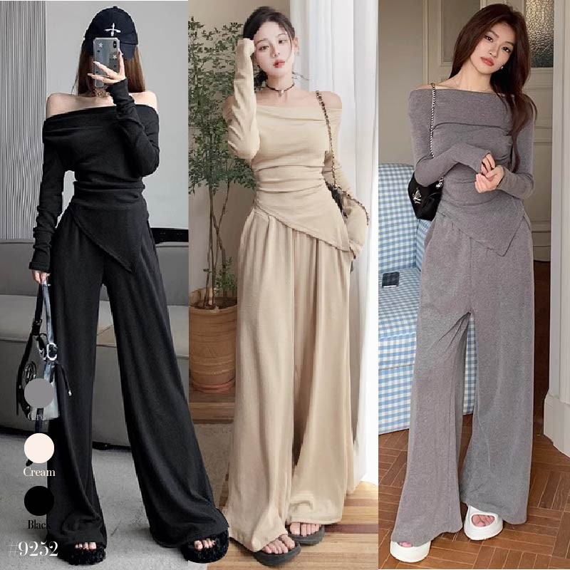 ชุดไปทะเล สีดำ เสื้อยืดแขนยาว เซ็ต2ชิ้น คอถ่วง จับจีบเอวชายเสื้อแหลม+กางเกงขายาวยางยืด กระเป๋า2ข้าง #9252