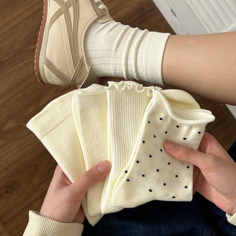 สไตล์ญี่ปุ่น มิลค์กี้ สีขาว ดัดผม ลายจุด บัลเล่ต์ หวาน เจเค หลวม ปากถุงเท้า หลอดกลาง ผู้หญิง