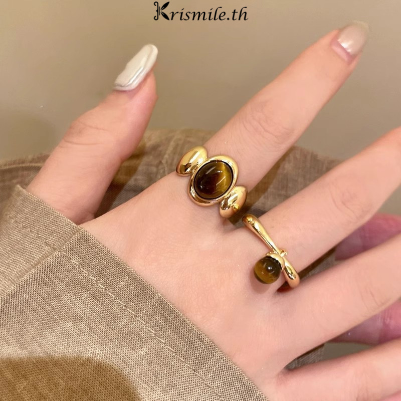 COD-ในไทย💖แหวนหินตาเสือสไตล์ย้อนยุค แหวนเปิดนิ้วชี้แฟชั่นสำหรับผู้หญิง-Kri
