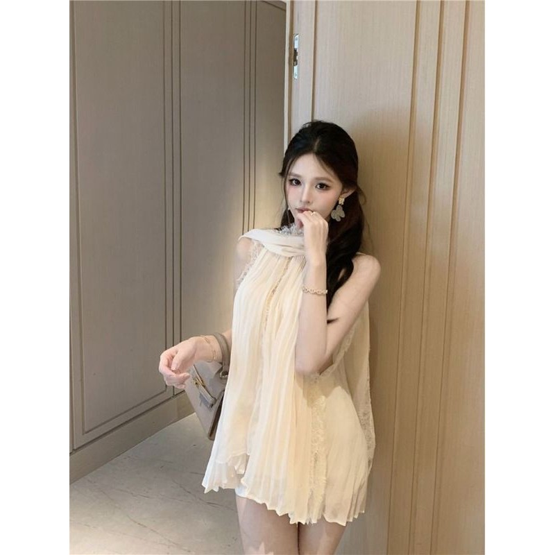Xyzkuli Pure Desire Lace Stitching Streamer Halterneck Top ผู้หญิงฤดูร้อนภาษาฝรั่งเศสคําหลวมออกแบบเสื้อชีฟองแขนกุด