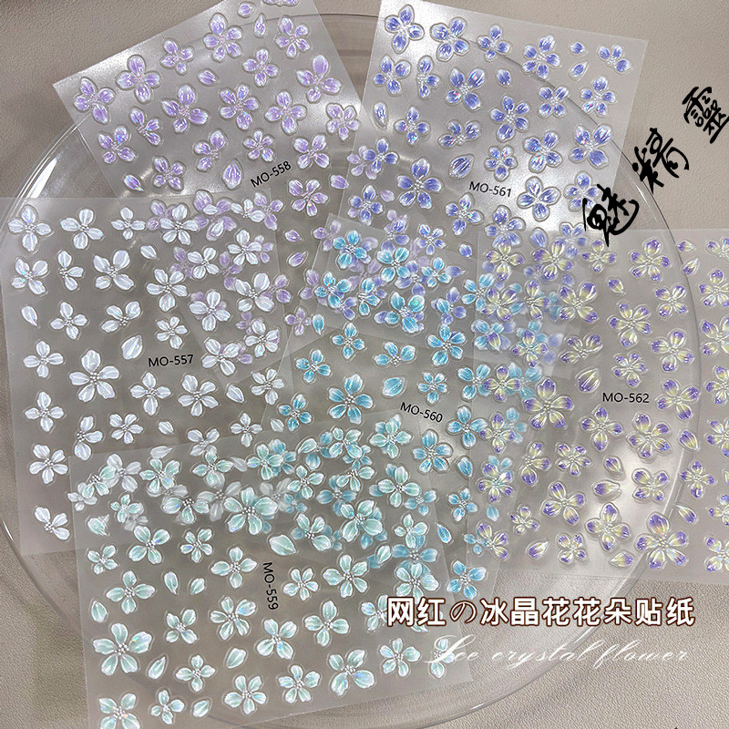 สติ๊กเกอร์ตกแต่งเล็บลายดอกไม้คริสตัลน้ำแข็ง ดอกไม้สามมิติสีขาว 5 กลีบ