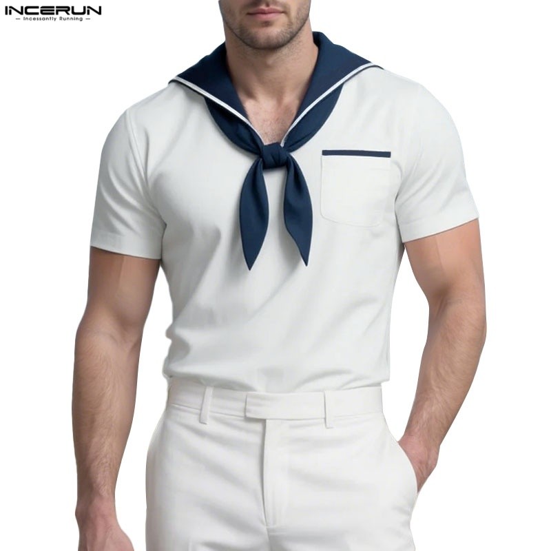 INCERUN Men Vintage Casual Navy Collar แขนสั้น Contrast Stripe Splicing เสื้อยืด