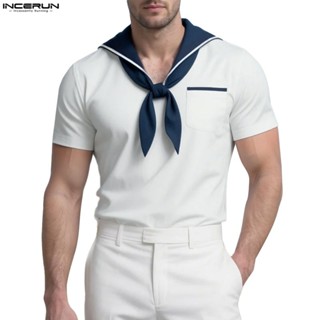 INCERUN Men Vintage Casual Navy Collar แขนสั้น Contrast Stri…