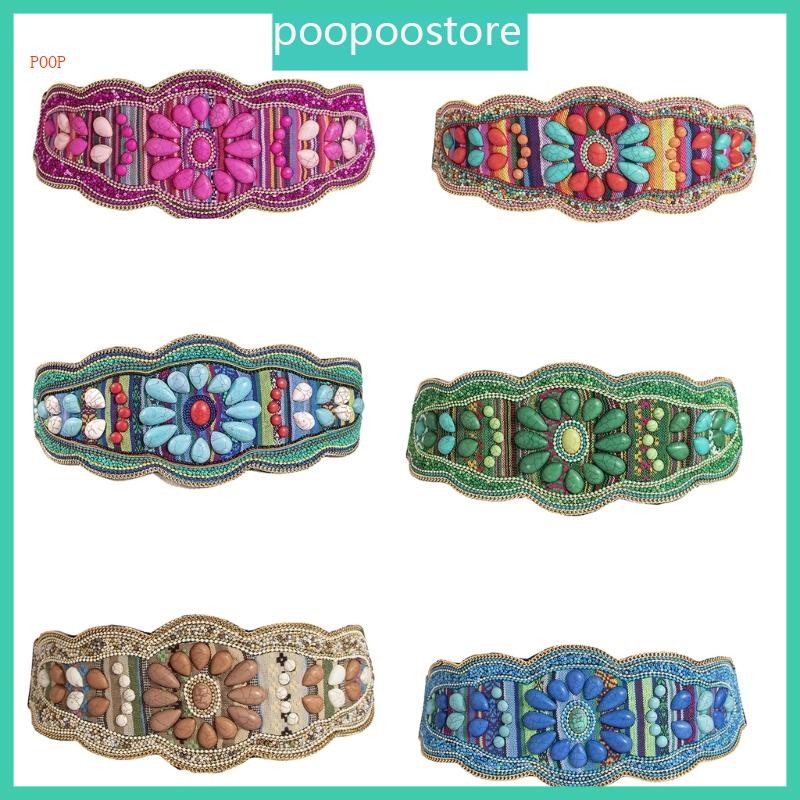 POOP Bohemian เข็มขัด Elastic Waist Belt กางเกงยีนส์ Club Bar Party Encrusted Beads Halter Dress