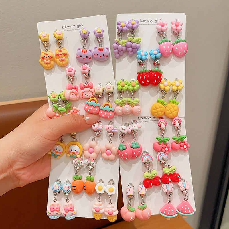 Noคลิปหูป้องกันอาการปวดเจาะน่ารักการ์ตูนผลไม้สัตว์ต่างหูสําหรับสาวน่ารัก