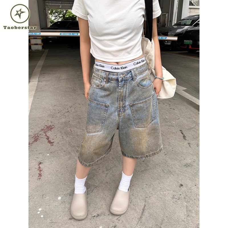 Taoberstar กางเกงขาสั้นผ้าเดนิมแฟชั่น Baggy สําหรับผู้ชาย
